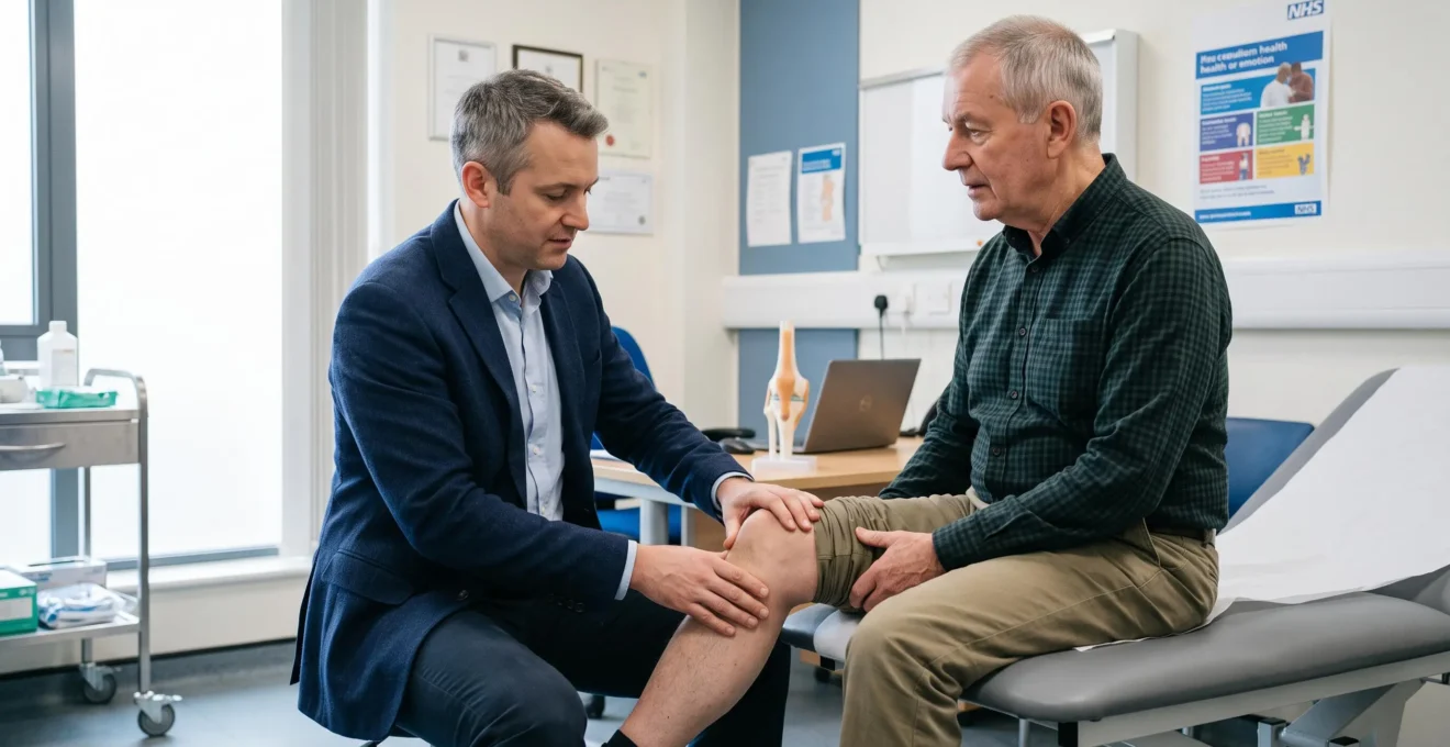 Orthopaedic consultant examining patient's knee during clinical assessment in modern NHS consultation room