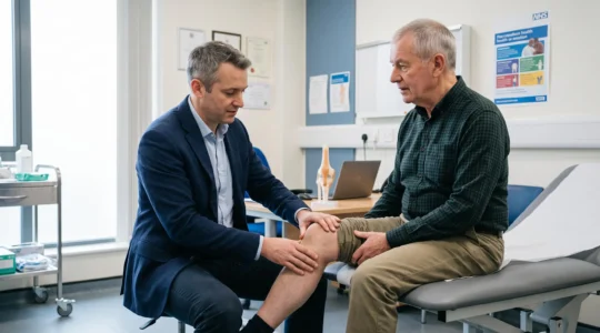 Orthopaedic consultant examining patient's knee during clinical assessment in modern NHS consultation room