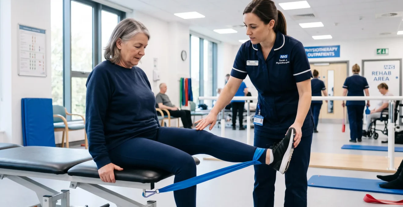 Patient performing quadriceps strengthening exercise with resistance band under physiotherapist supervision in NHS clinic