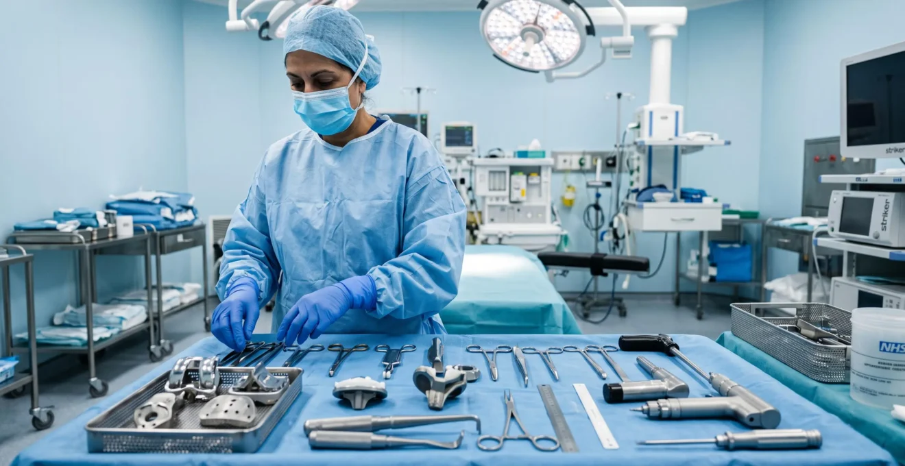 Sterile surgical instrument tray with knee prosthesis components prepared in NHS orthopaedic operating theatre