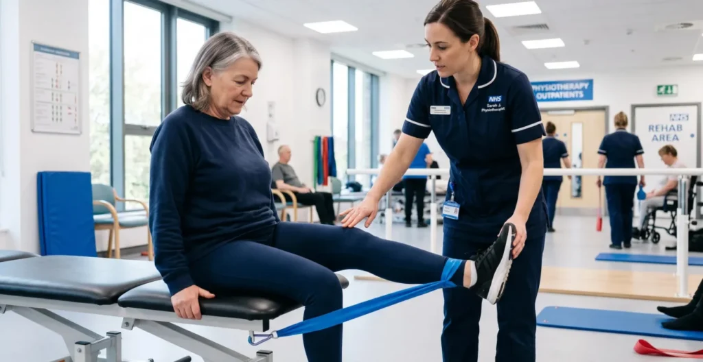 Patient performing quadriceps strengthening exercise with resistance band under physiotherapist supervision in NHS clinic Patient performing quadriceps strengthening exercise with resistance band under physiotherapist supervision in NHS clinic